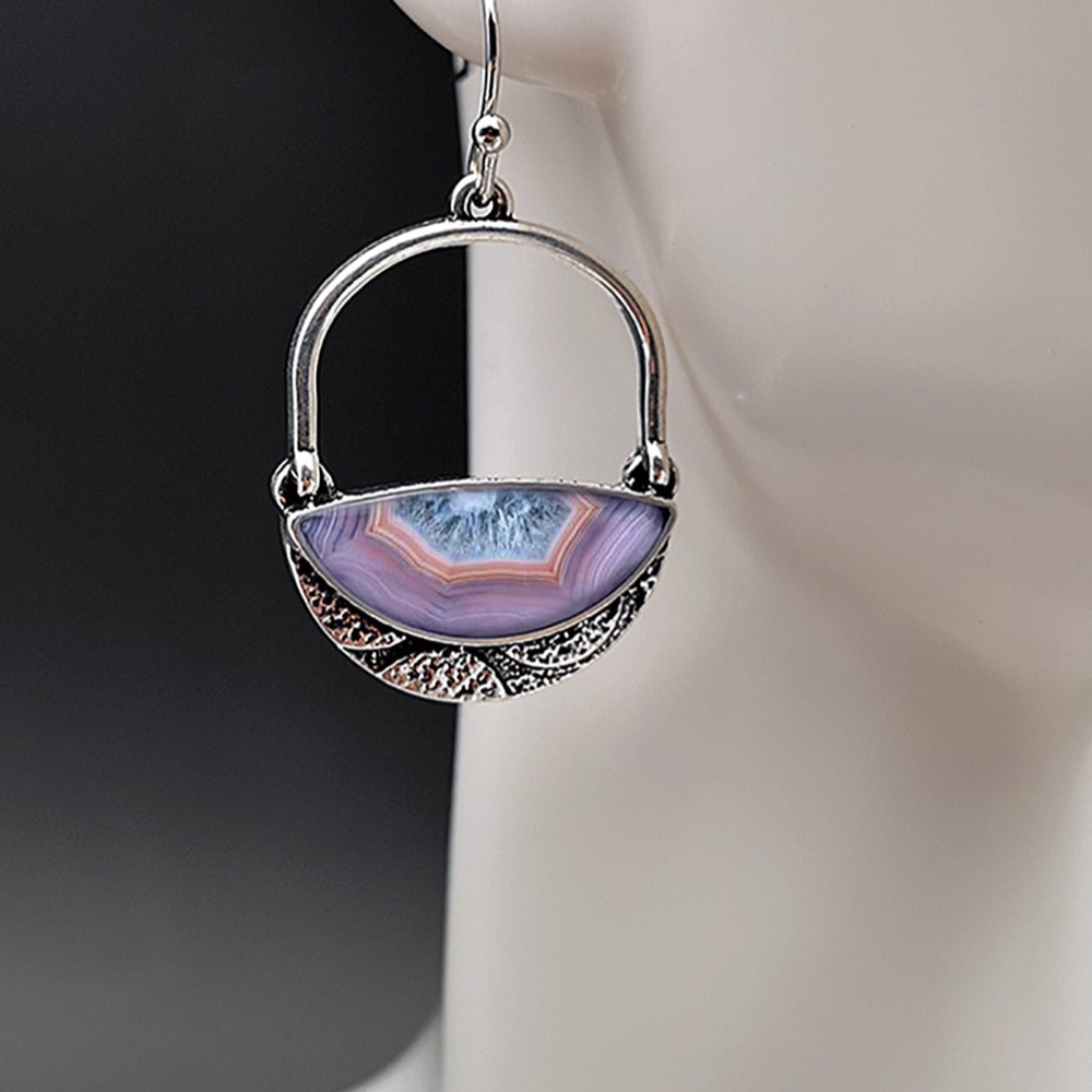 Boho Purple Blue Silver Tone Hoop Earrings - Picture 2 of 4